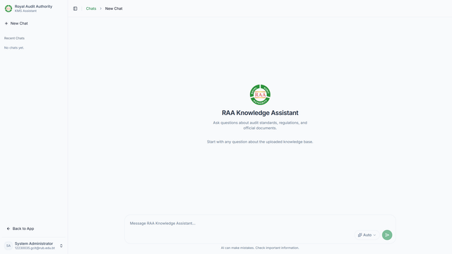RAA Knowledge Assistant new chat screen with an empty conversation and a question input for the knowledge base.