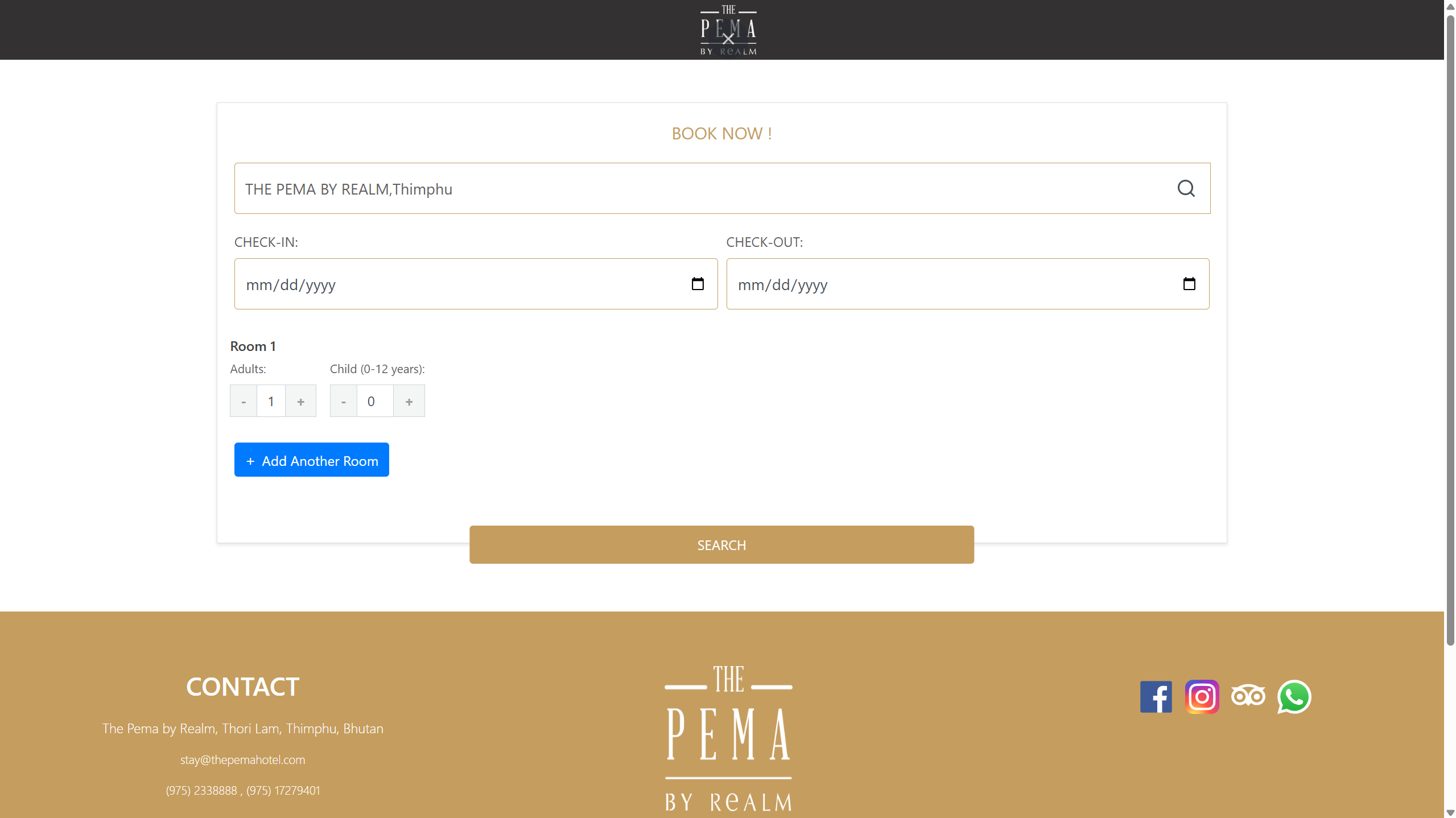 The Pema by Realm booking interface with check-in and check-out dates, guest counts, and room search.
