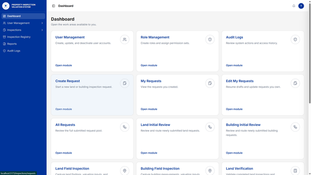 Property Inspection and Valuation System dashboard with request, inspection, review, reporting, and administrative work areas.