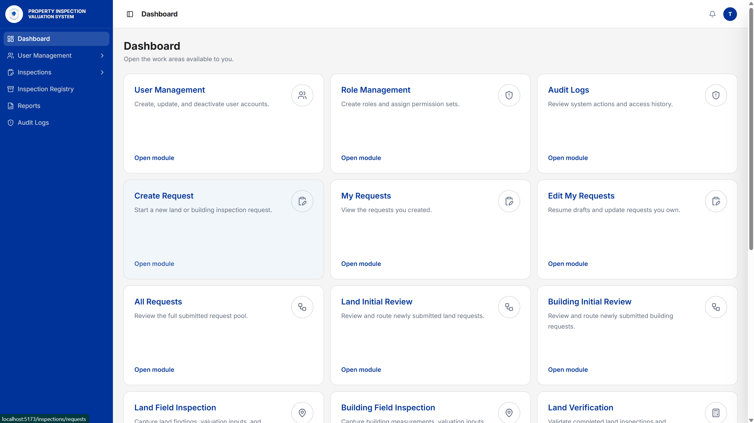 Property Inspection and Valuation System dashboard with request, inspection, review, reporting, and administrative work areas.
