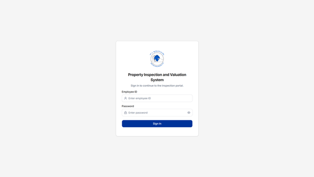 Bhutan Insurance Limited property inspection portal sign-in screen with employee ID and password fields.