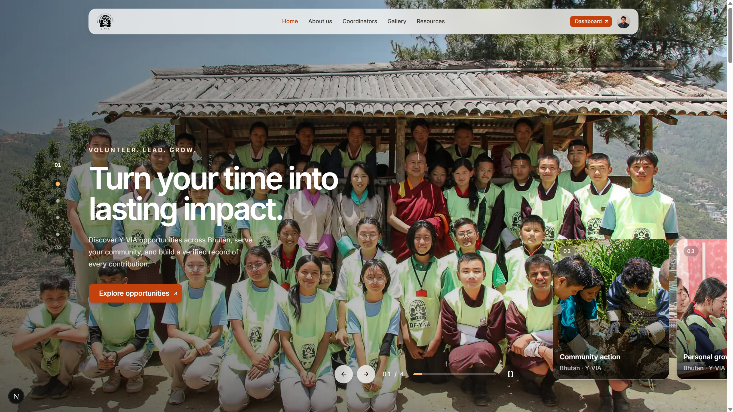 Y-VIA volunteer platform landing page with a community photograph, programme navigation, and an Explore opportunities action.